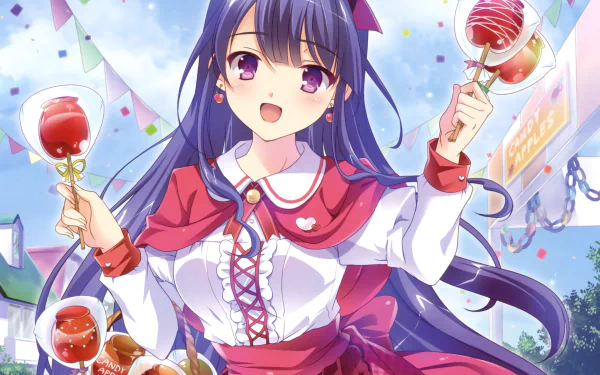 confetti black hair purple eyes smile bow (Clothing) long hair apple apron cloak Anime Original HD Desktop Wallpaper | Background Image