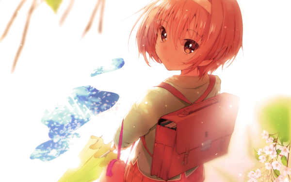 Anime Original Short Hair Orange Hair Headband Cherry Blossom Bag Umbrella Brown Eyes HD Wallpaper | Background Image