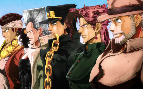 HD desktop wallpaper featuring characters from JoJo's Bizarre Adventure: Stardust Crusaders anime, showcasing a detailed and vivid lineup of five main characters in striking poses and vibrant colors.