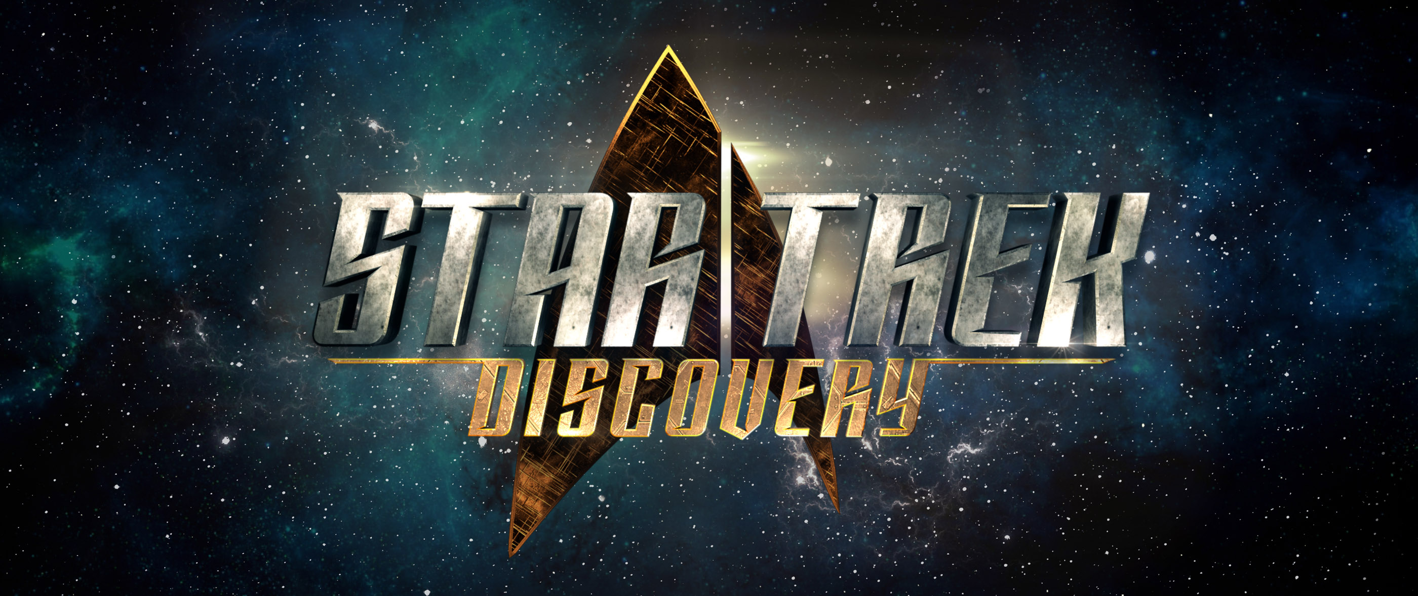 HD desktop wallpaper featuring the Star Trek: Discovery logo set against a starry space background.