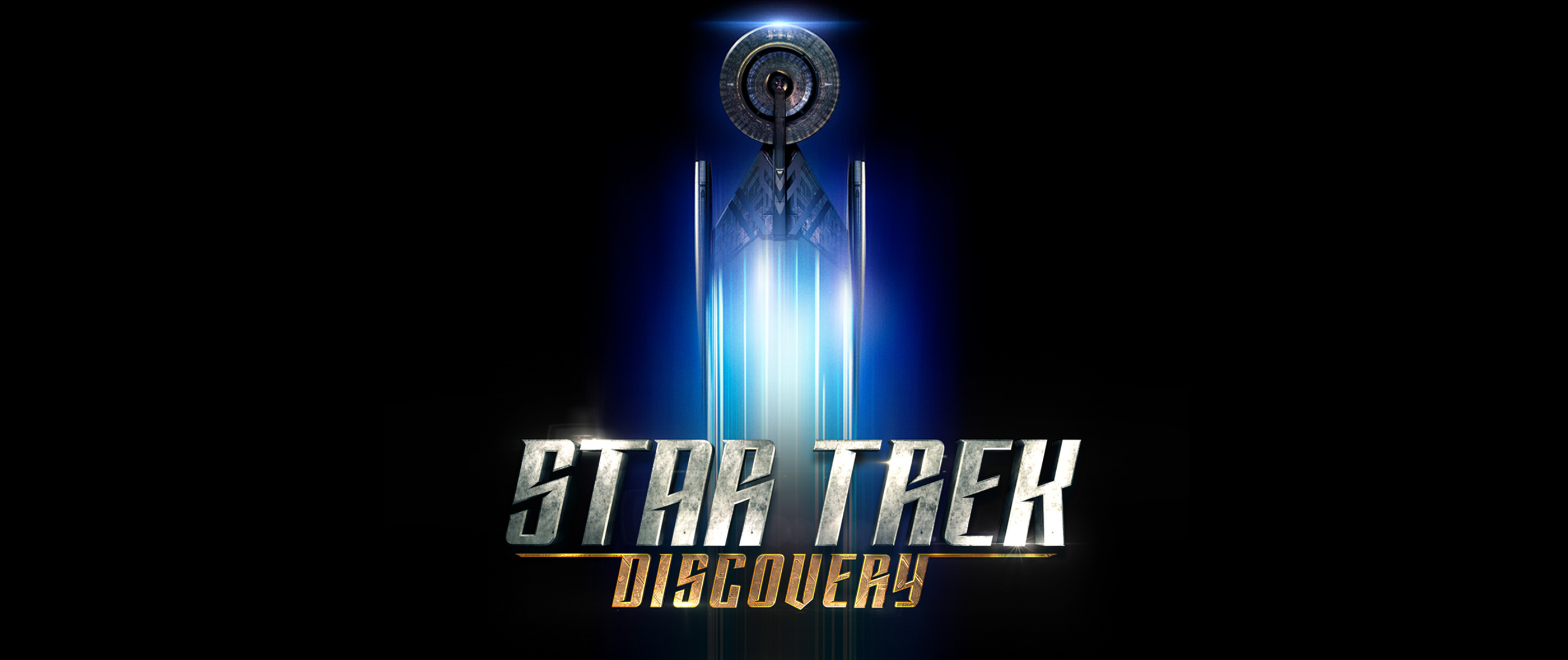 HD desktop wallpaper of Star Trek: Discovery, featuring series logo with a starship silhouette and light trails on a dark background.