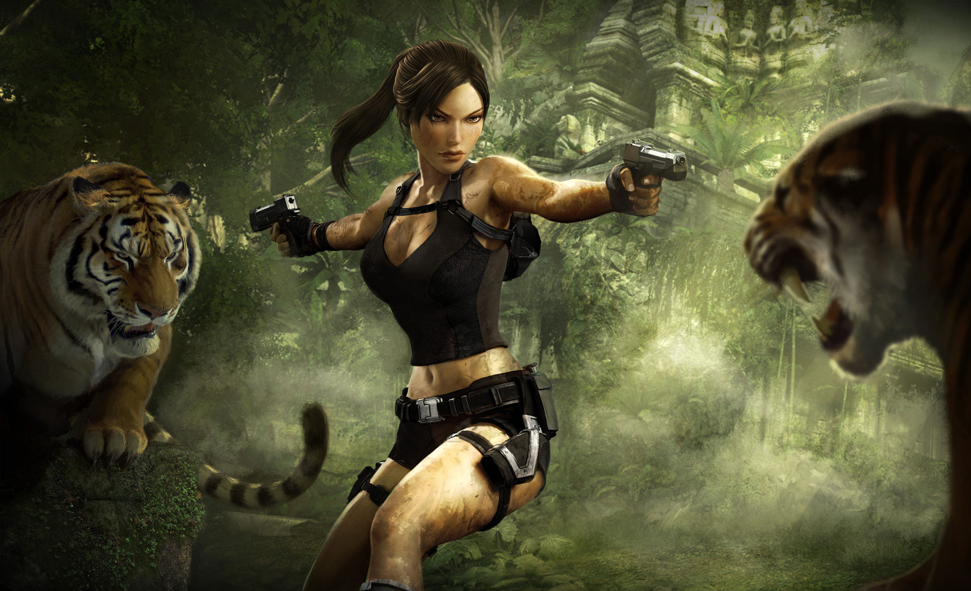 Tomb Raider: Underworld scene with Lara Croft encountering two blocking tigers.