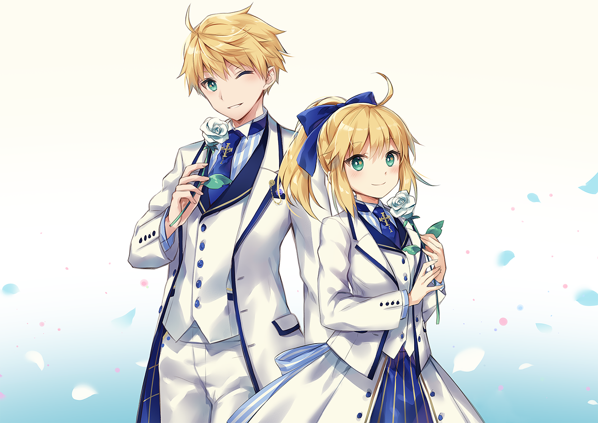 HD PC desktop wallpaper of Artoria Pendragon and Saber (Fate/Prototype) from Fate/Grand Order — two blonde anime characters in matching white formal suits against a soft pastel background.