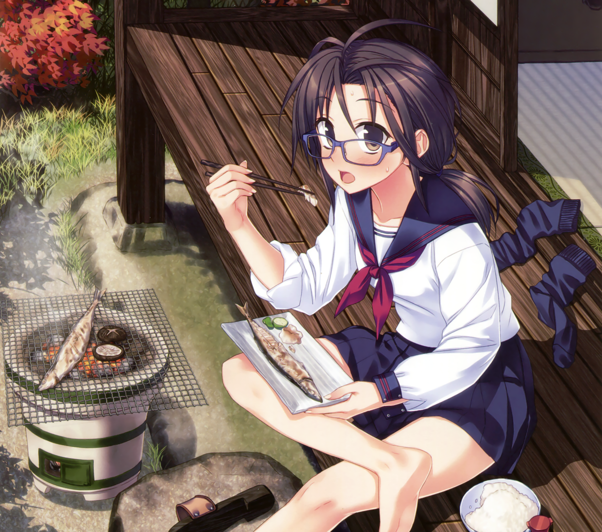 Download Blush Brown Eyes Brown Hair Fish Chopsticks Glasses Long Hair Anime Original HD Wallpaper by Yuuki Keisuke