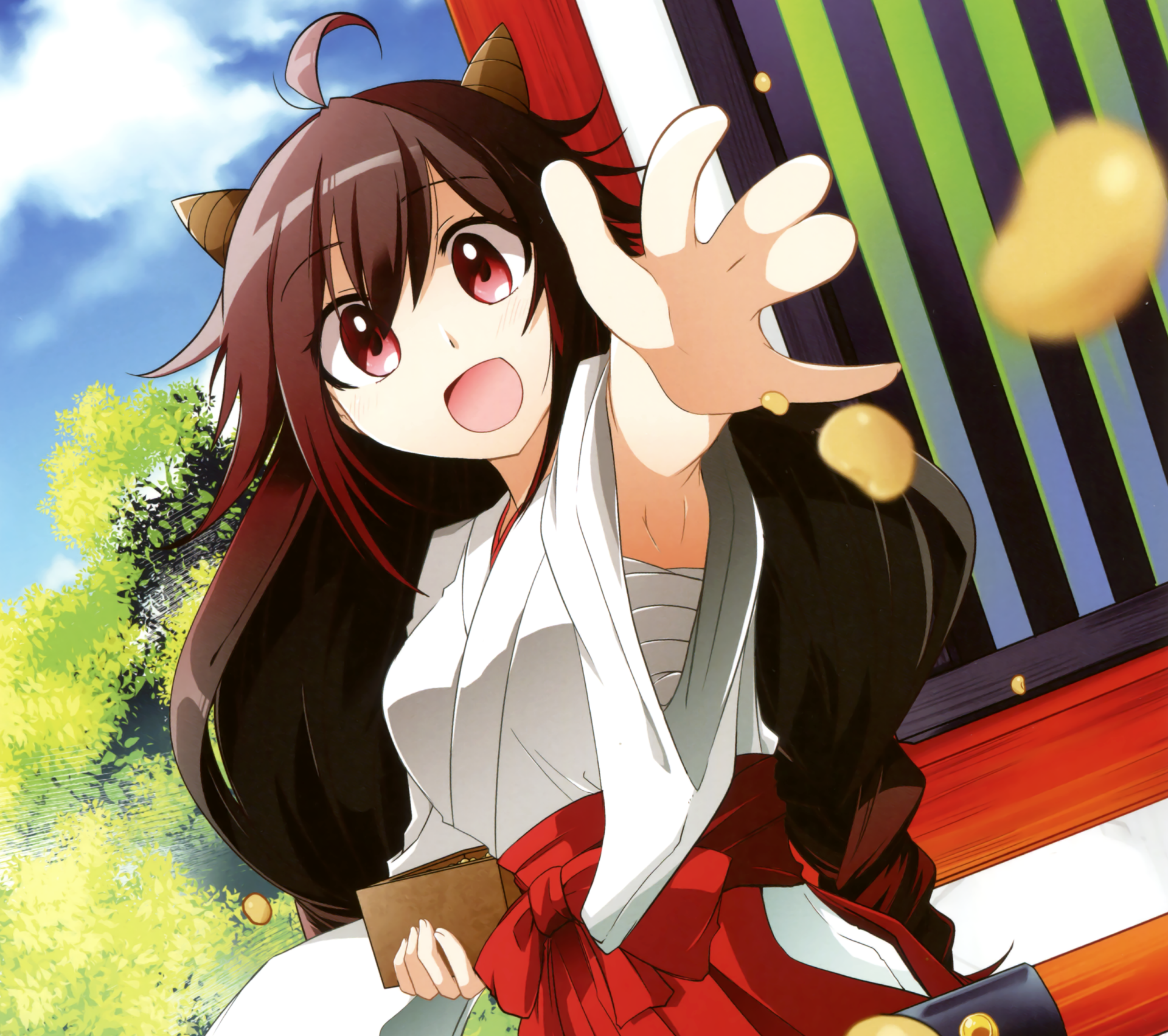 Download Horns Beans Smile Brown Eyes Miko Outfit Brown Hair Long Hair Anime Original HD Wallpaper by あららぎあゆね