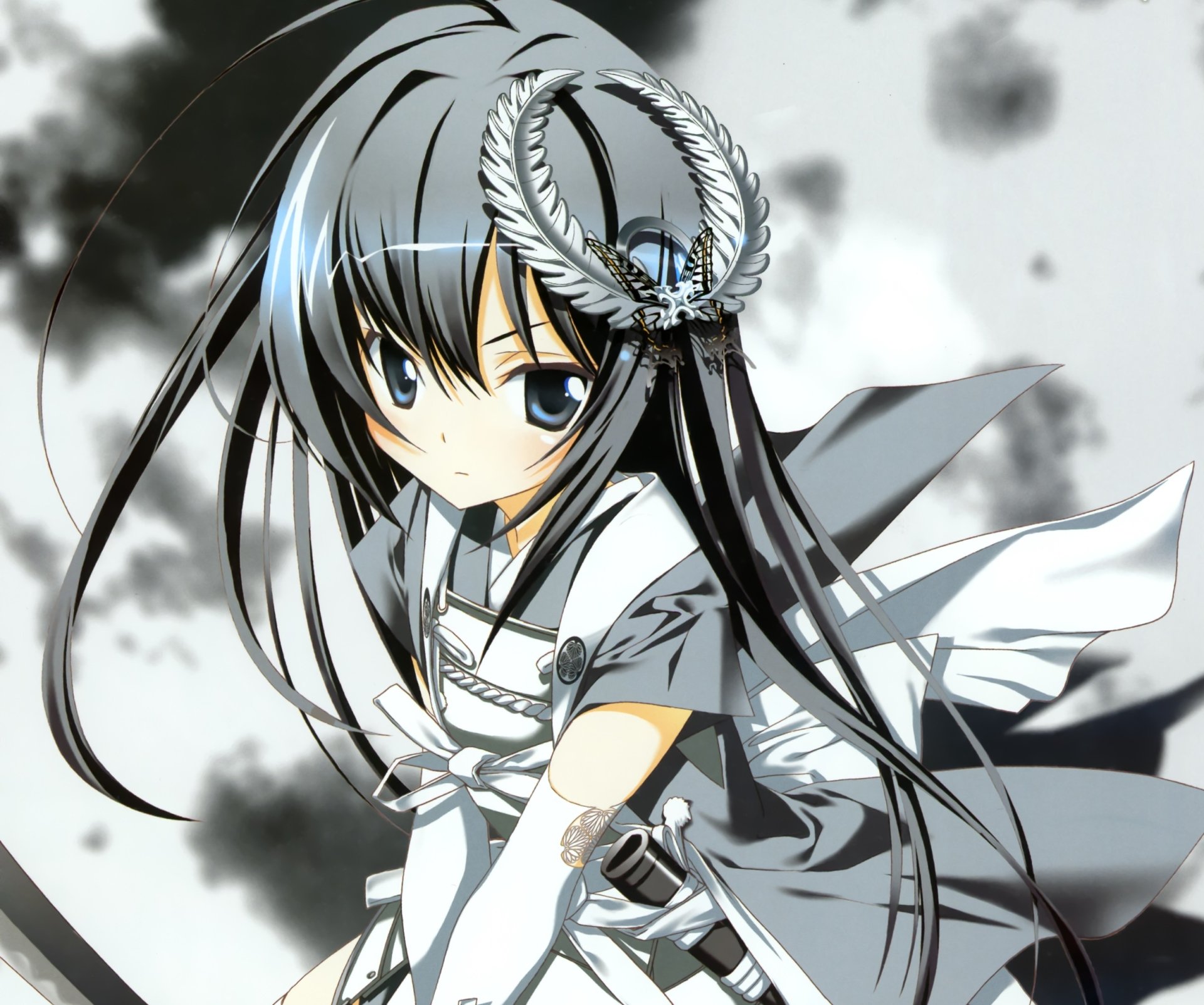 Original anime character with long black hair and black eyes, wearing a feathered headdress and wielding a sword; HD PC desktop wallpaper/background.