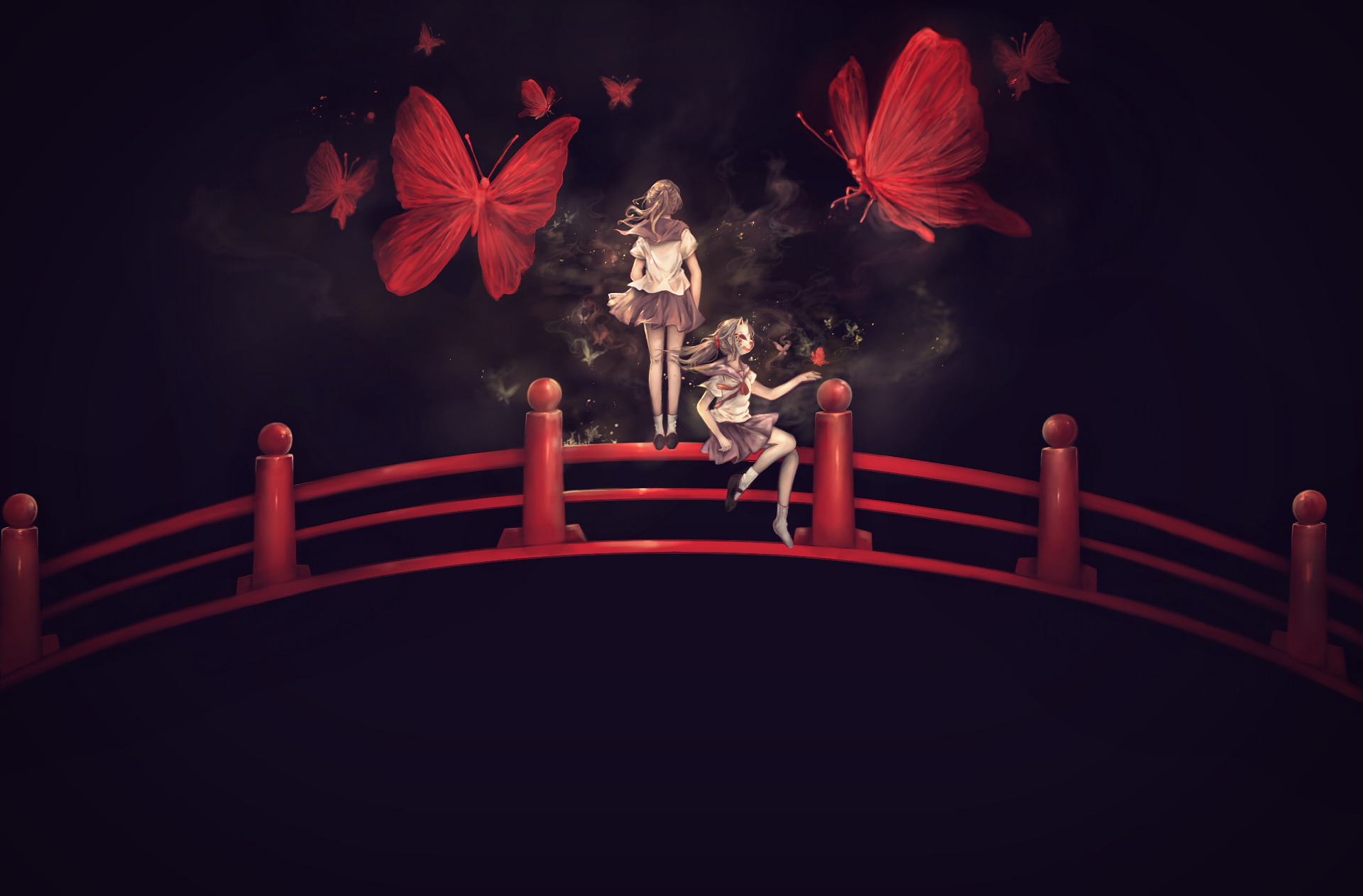 Anime-style HD desktop wallpaper featuring two girls with long brown hair and masks sitting on a red bridge, surrounded by glowing red butterflies in a dark background.
