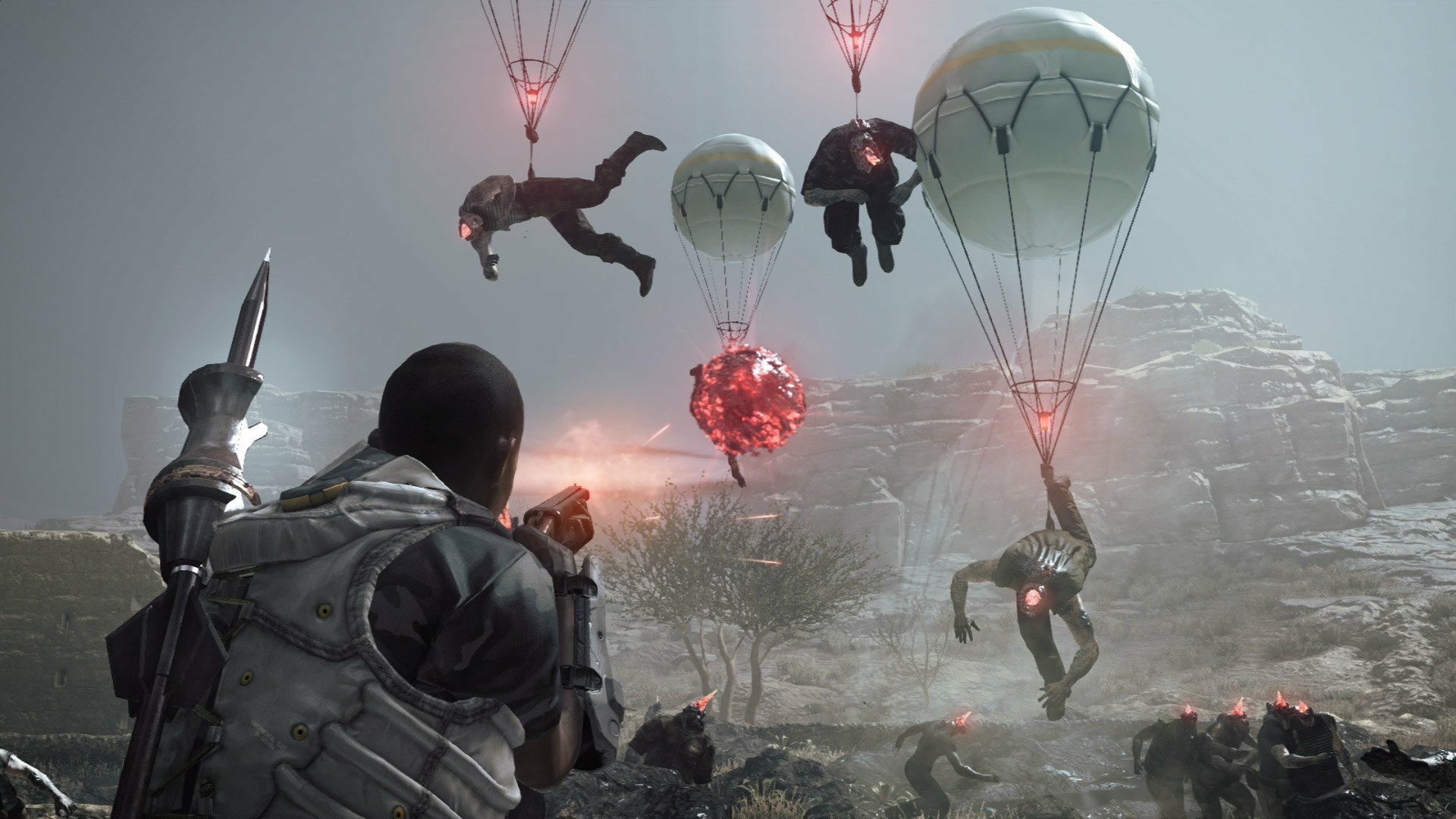 HD wallpaper for Metal Gear Survive featuring a soldier with airborne creatures descending from the sky by balloons.