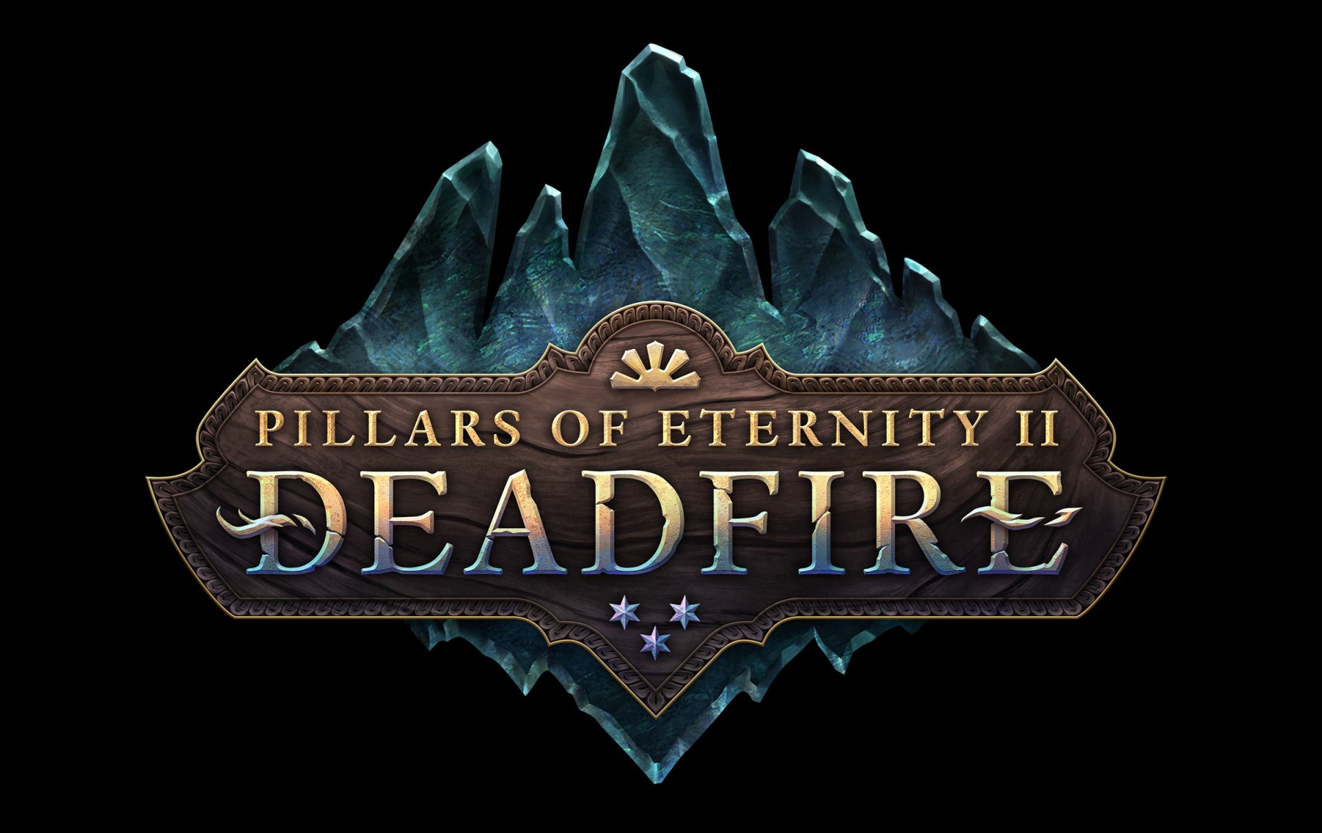 HD desktop wallpaper featuring the logo of Pillars of Eternity II: Deadfire with stylized teal crystal backdrop.