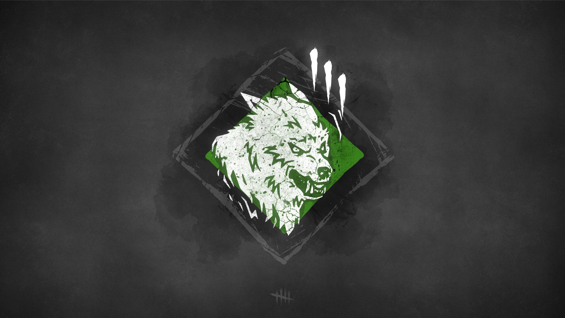 8K minimalist PC wallpaper of a white wolf emblem on a green diamond with claw marks — Huntress' Territorial Imperative motif from Dead by Daylight (video game).