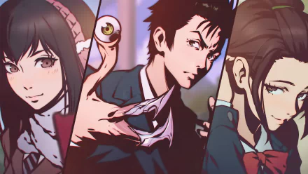 A vibrant HD desktop wallpaper featuring Kana Kimishima, Hikawa Iona, and Shinichi Izumi from the anime Parasyte -the Maxim-. The image showcases vivid character portraits with a dynamic and engaging backdrop.