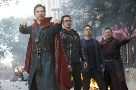 A HD wallpaper featuring Doctor Strange, Iron Man, Bruce Banner, and Wong from the movie Avengers: Infinity War, portrayed by Benedict Cumberbatch, Robert Downey Jr., Mark Ruffalo, and Benedict Wong.