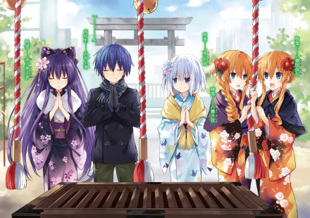 HD desktop wallpaper featuring Tohka Yatogami, Origami Tobiichi, Kaguya Yamai, Yuzuru Yamai, and Shido Itsuka from Date A Live in a serene shrine setting with torii gates in the background.
