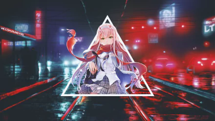 HD desktop wallpaper of Zero Two from Darling in the FranXX anime, featuring her in front of a futuristic, neon-lit cityscape with reflections on a wet street and red car lights in the background.