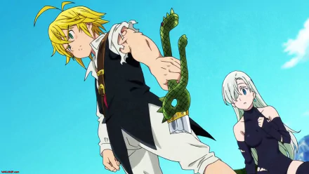 HD desktop wallpaper featuring Elizabeth Liones and Meliodas from the anime The Seven Deadly Sins. Meliodas displays a powerful arm, with Elizabeth looking on against a bright blue sky backdrop.
