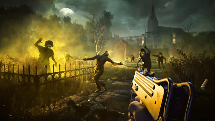 HD desktop wallpaper from Far Cry 5 featuring armed characters in a night-time standoff near a church under a full moon.