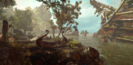 HD desktop wallpaper featuring a scenic view from the game Ghost of a Tale, with serene waters and lush greenery surrounding ruins.