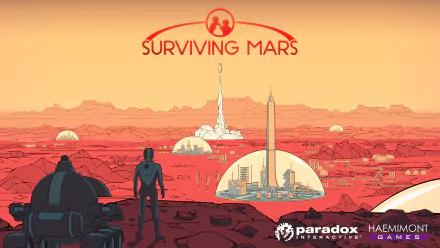 HD wallpaper of Surviving Mars game featuring a Martian landscape with domes, a rocket, and a figure gazing at the horizon.