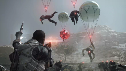 HD wallpaper for Metal Gear Survive featuring a soldier with airborne creatures descending from the sky by balloons.