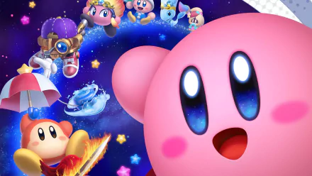 HD desktop wallpaper of Kirby: Star Allies featuring Kirby and friends on a cosmic background.