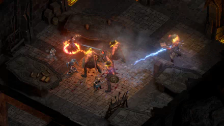 HD wallpaper of 'Pillars of Eternity II: Deadfire' showcasing characters engaged in a fiery magical battle within a dungeon setting.
