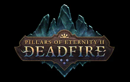 HD desktop wallpaper featuring the logo of Pillars of Eternity II: Deadfire with stylized teal crystal backdrop.
