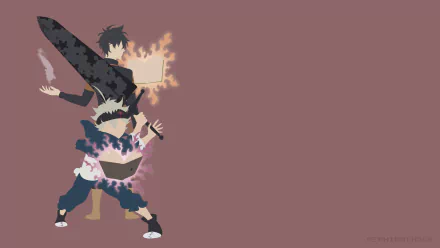 HD desktop wallpaper featuring Yuno and Asta from the anime Black Clover, standing back to back, each wielding their respective magical powers against a solid colored background.