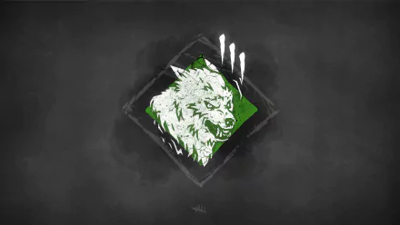 8K minimalist PC wallpaper of a white wolf emblem on a green diamond with claw marks — Huntress' Territorial Imperative motif from Dead by Daylight (video game).