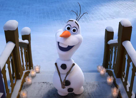 HD wallpaper featuring Olaf from *Frozen* in a snowy setting, smiling joyfully on steps surrounded by lit candles, capturing the spirit of *Olaf's Frozen Adventure*.
