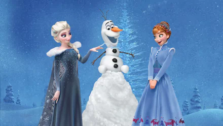 HD wallpaper of Elsa, Anna, and Olaf from 'Olaf's Frozen Adventure' against a snowy backdrop.