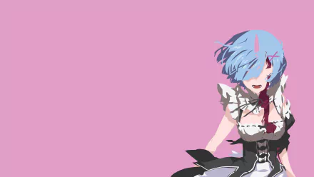 Rem from Re:Zero – Starting Life in Another World is featured in this vibrant 4K Ultra HD anime desktop wallpaper with a minimalist pink background.