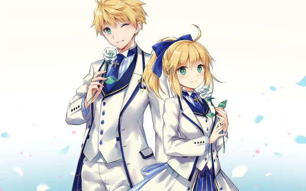 HD PC desktop wallpaper of Artoria Pendragon and Saber (Fate/Prototype) from Fate/Grand Order — two blonde anime characters in matching white formal suits against a soft pastel background.