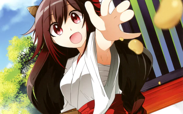 horns beans smile brown eyes miko outfit brown hair long hair Anime Original HD Desktop Wallpaper | Background Image
