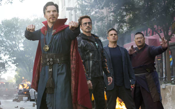 A HD wallpaper featuring Doctor Strange, Iron Man, Bruce Banner, and Wong from the movie Avengers: Infinity War, portrayed by Benedict Cumberbatch, Robert Downey Jr., Mark Ruffalo, and Benedict Wong.