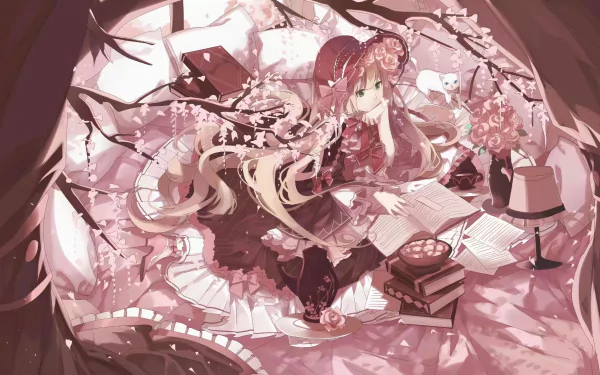 HD anime desktop wallpaper featuring Victorique de Blois from Gosick, surrounded by books, papers, and cherry blossoms in a detailed, soft-toned setting.