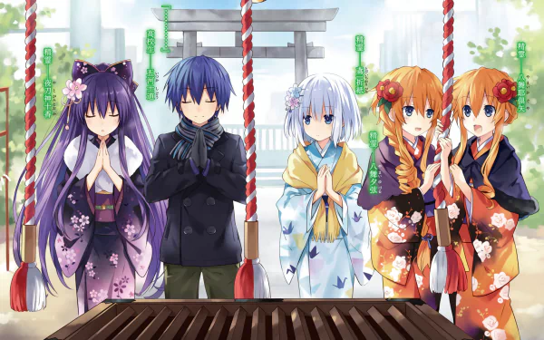 HD desktop wallpaper featuring Tohka Yatogami, Origami Tobiichi, Kaguya Yamai, Yuzuru Yamai, and Shido Itsuka from Date A Live in a serene shrine setting with torii gates in the background.