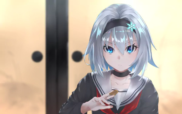 HD wallpaper featuring Ginko Sora from the anime Ryuuou no Oshigoto! with a serene background. Ginko has silver hair, blue eyes, and is wearing a black and red outfit.