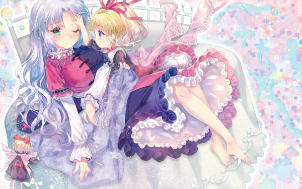 HD anime desktop wallpaper featuring Touhou characters Su-San, Eirin Yagokoro, and Medicine Melancholy in a soft pastel setting.