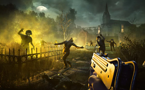 HD desktop wallpaper from Far Cry 5 featuring armed characters in a night-time standoff near a church under a full moon.