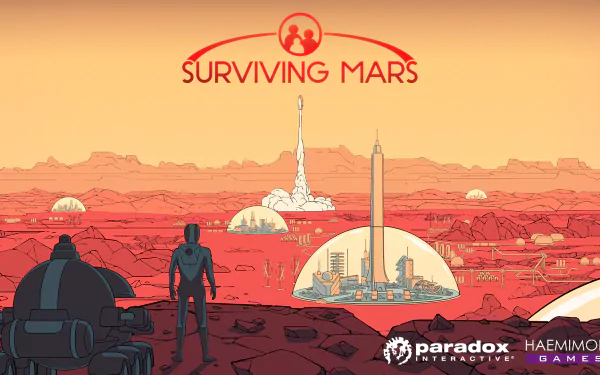 HD wallpaper of Surviving Mars game featuring a Martian landscape with domes, a rocket, and a figure gazing at the horizon.