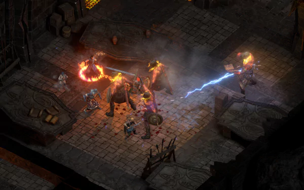 HD wallpaper of 'Pillars of Eternity II: Deadfire' showcasing characters engaged in a fiery magical battle within a dungeon setting.