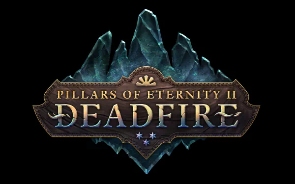 HD desktop wallpaper featuring the logo of Pillars of Eternity II: Deadfire with stylized teal crystal backdrop.