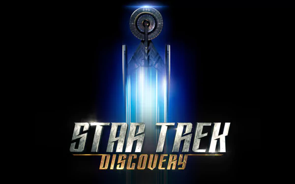 HD desktop wallpaper of Star Trek: Discovery, featuring series logo with a starship silhouette and light trails on a dark background.