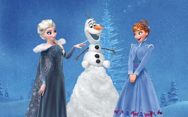 HD wallpaper of Elsa, Anna, and Olaf from 'Olaf's Frozen Adventure' against a snowy backdrop.