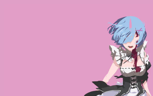 Rem from Re:Zero – Starting Life in Another World is featured in this vibrant 4K Ultra HD anime desktop wallpaper with a minimalist pink background.