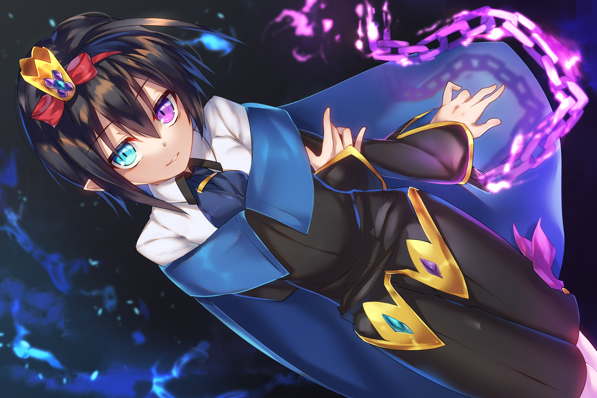 HD anime desktop wallpaper featuring an original character with striking heterochromia, dark hair, and vibrant blue and purple magical chains in the background.