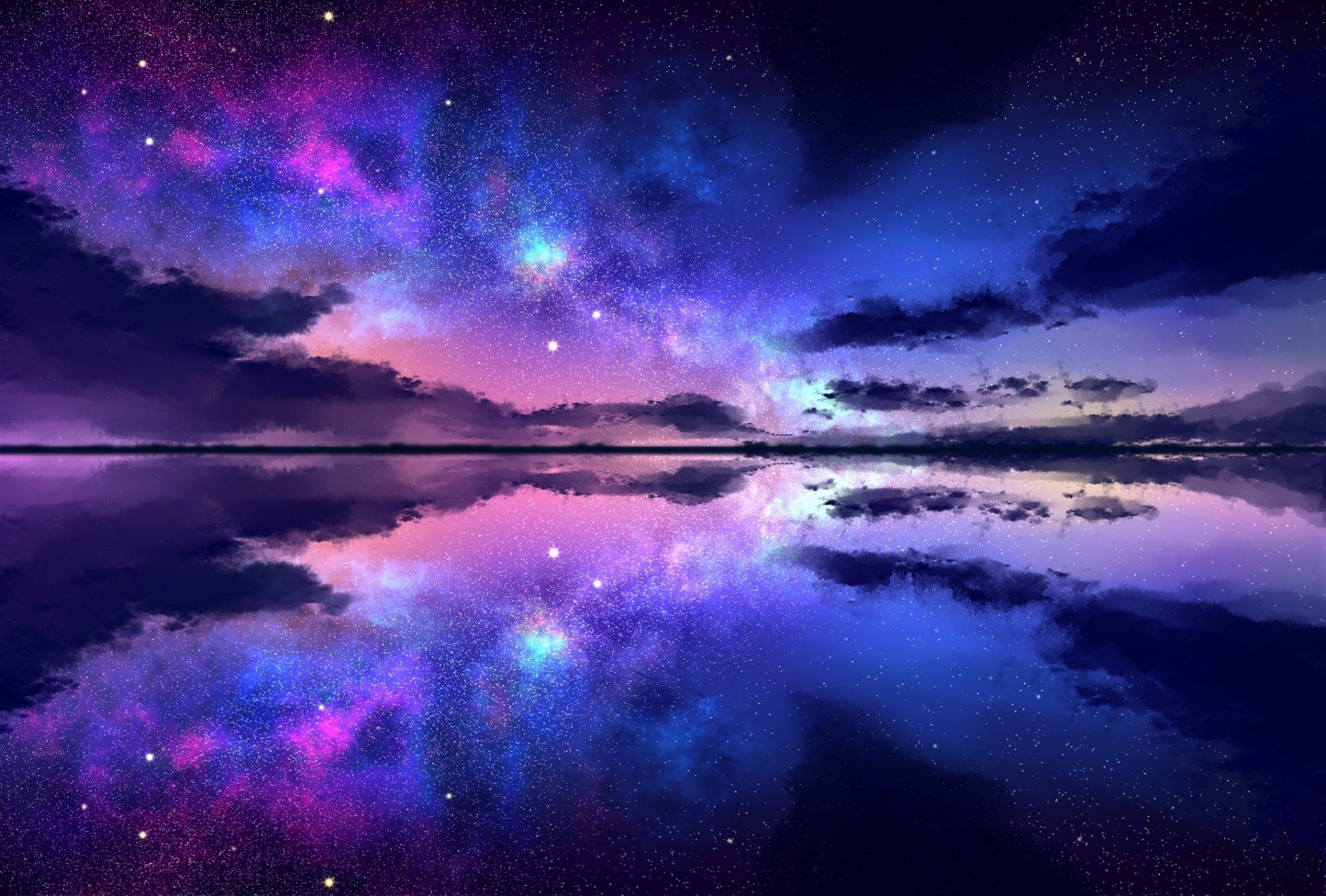 HD PC desktop wallpaper showcasing a vibrant Milky Way night sky with stars and clouds reflected on a calm ocean, blending nature and artistic beauty.