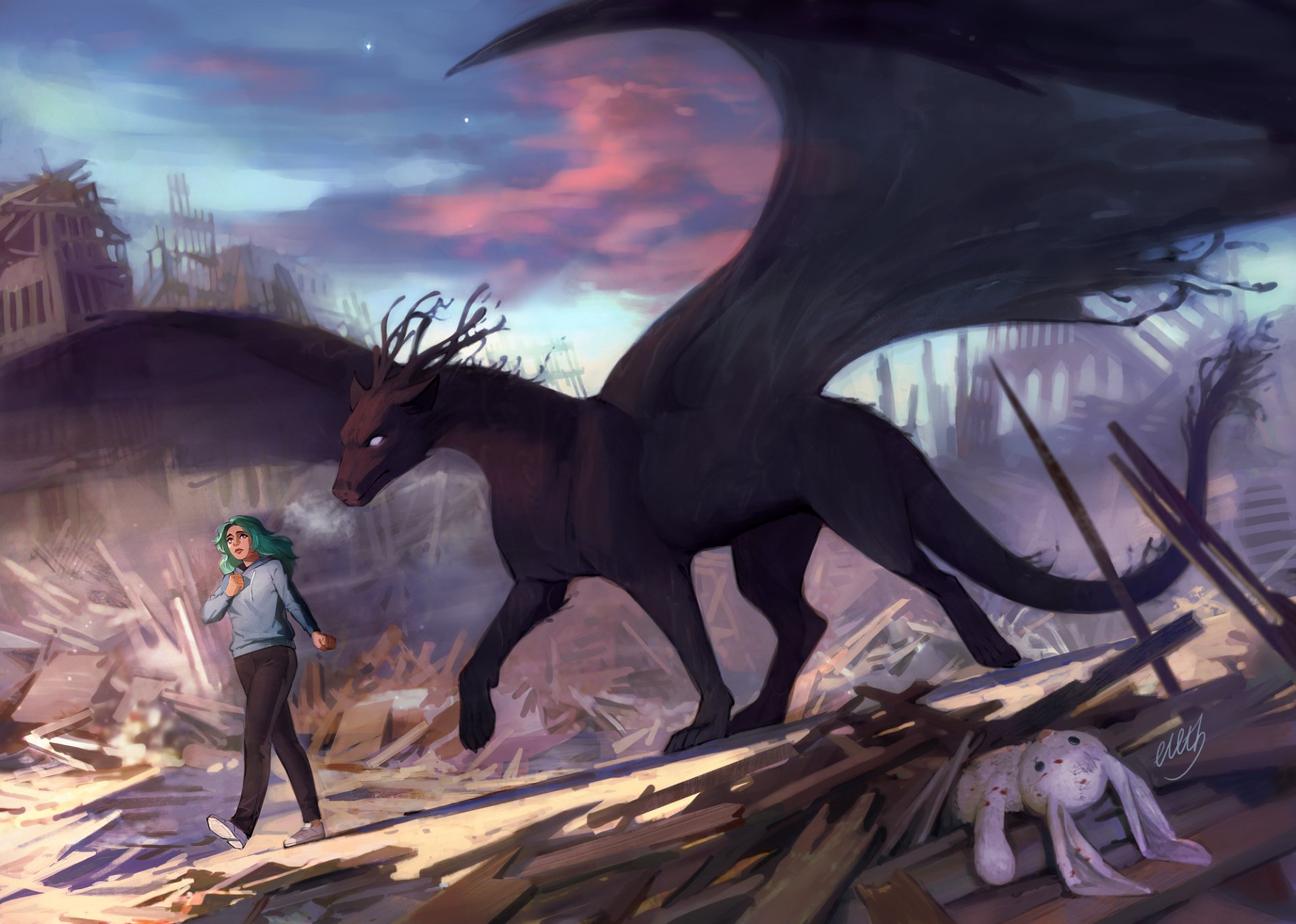 A post-apocalyptic fantasy scene featuring a large black dragon with wings beside a person with teal hair walking through a ruined, desolate landscape in this HD PC desktop wallpaper.