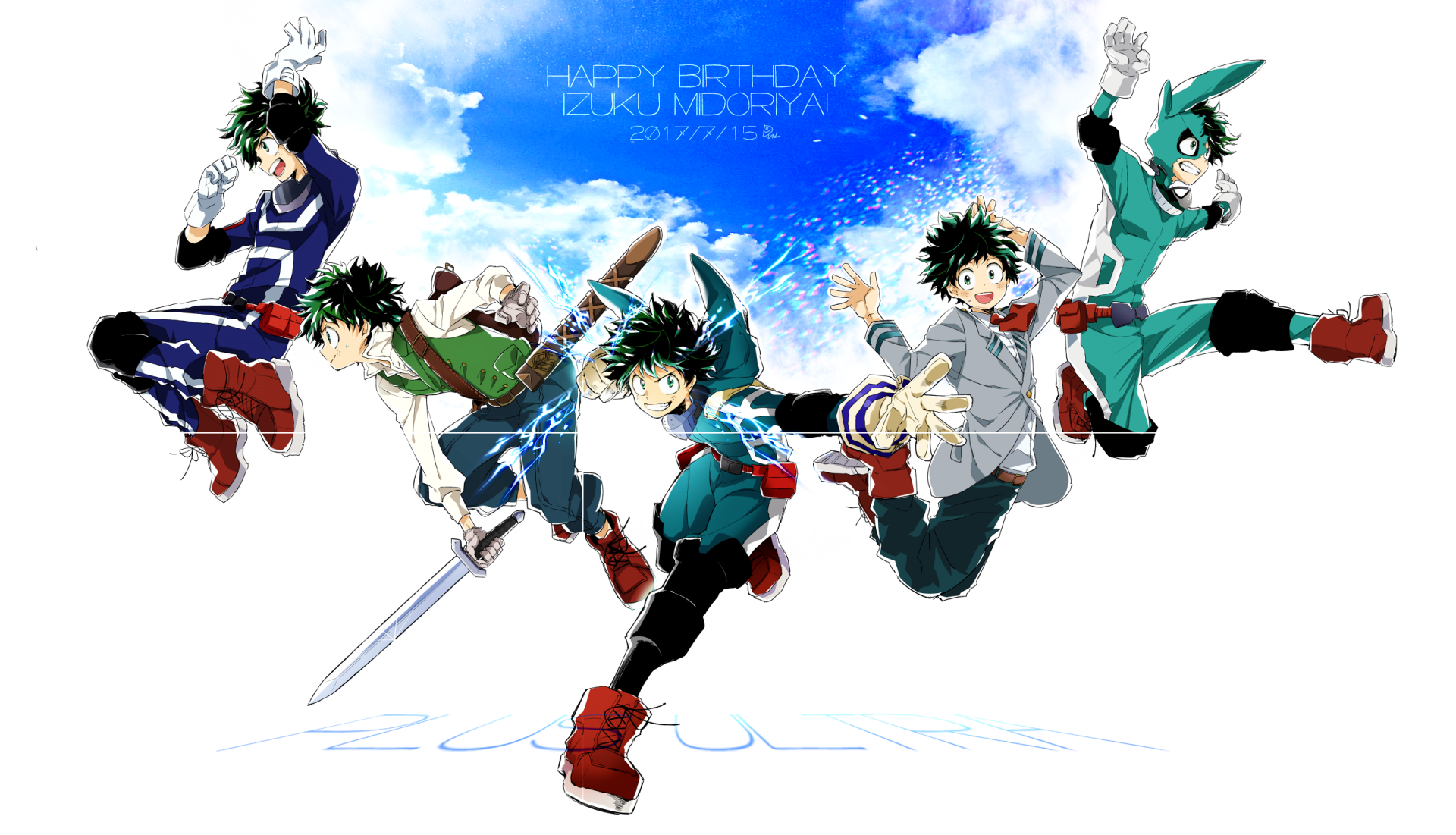 HD desktop wallpaper featuring Izuku Midoriya from the anime My Hero Academia in various poses against a vibrant sky background, with a Happy Birthday Izuku Midoriya message.