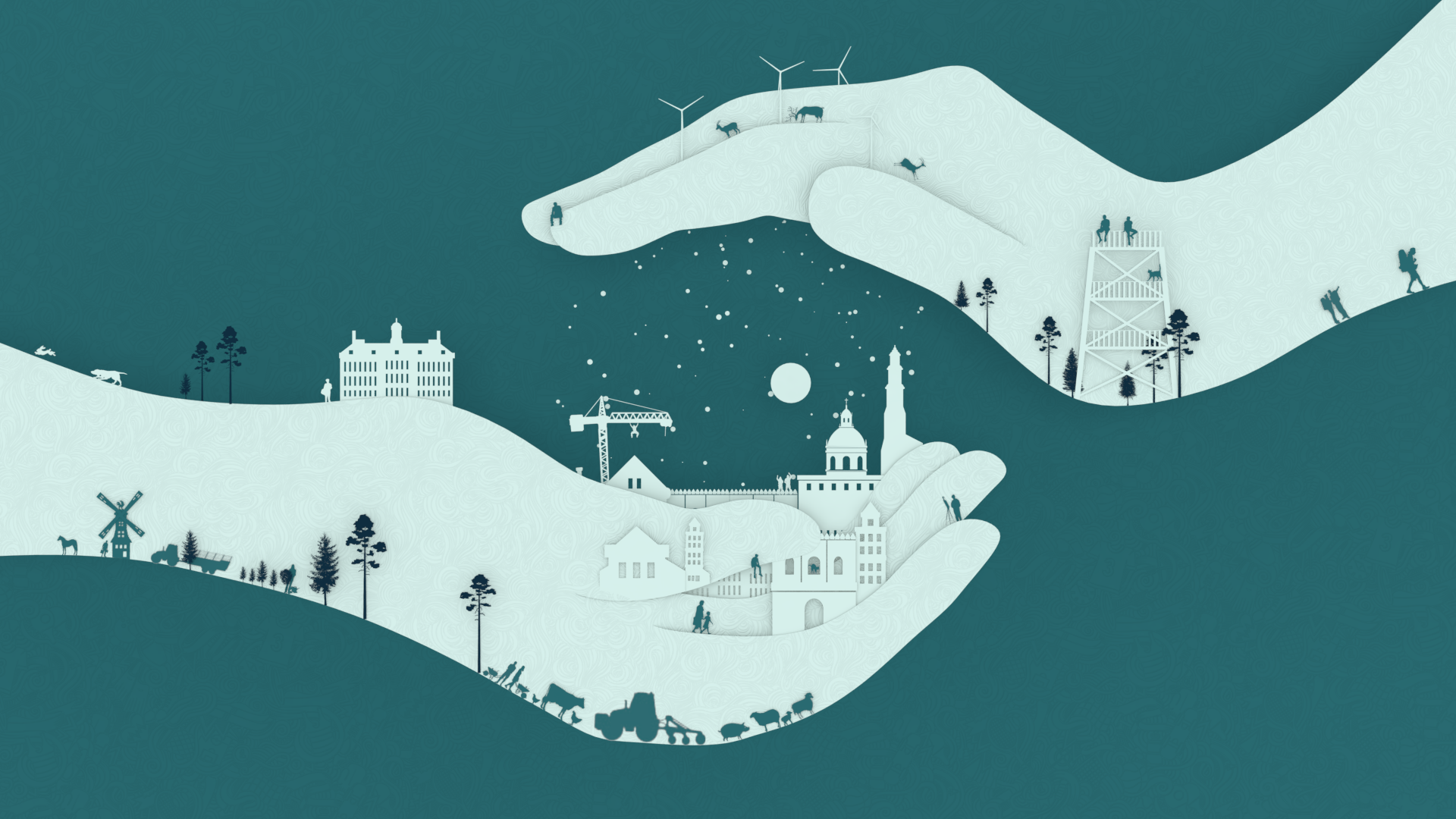 HD minimalist wallpaper depicting two artistic hands cradling a small, detailed cityscape with trees, buildings, and wind turbines, set against a teal background.